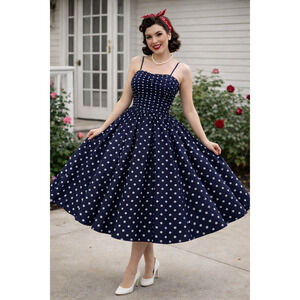 ACT I New York vintage blue/white polka dot dress Size 11/12 Retro Rockabilly